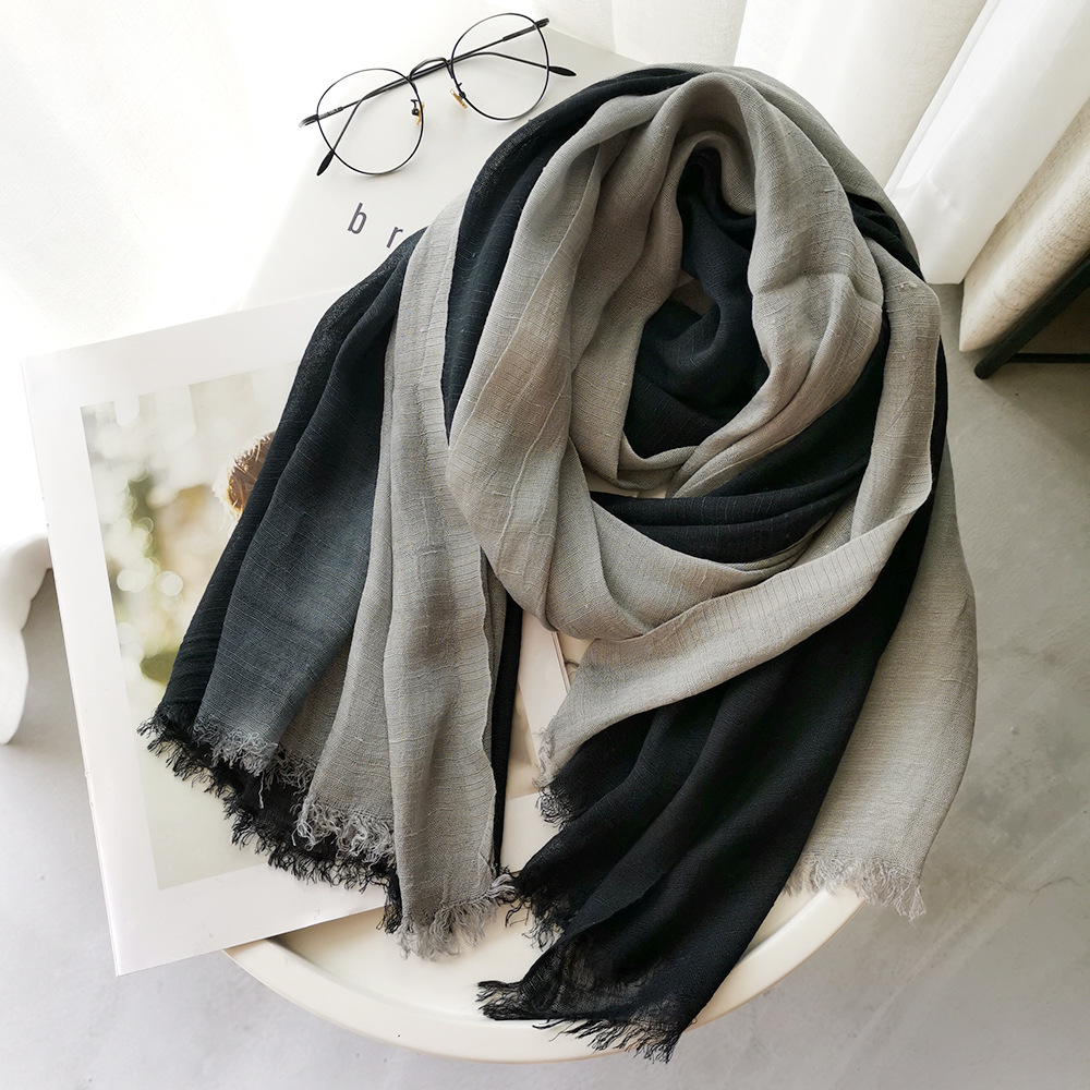 Bandana Cotton - ผ้าพันคอผ้าฝ้ายลินินสไตล์ญี่ปุ่นแบบยูนิเซ็กซ์ สีไล่ระดับ สำหรับฤดูใบไม้ร่วงและฤดูหนาว ผ้าคลุมไหล่เนื้อนุ่มแบบยาว และผ้าพันคอแบบสั้นประดับพู่สำหรับผู้หญิง