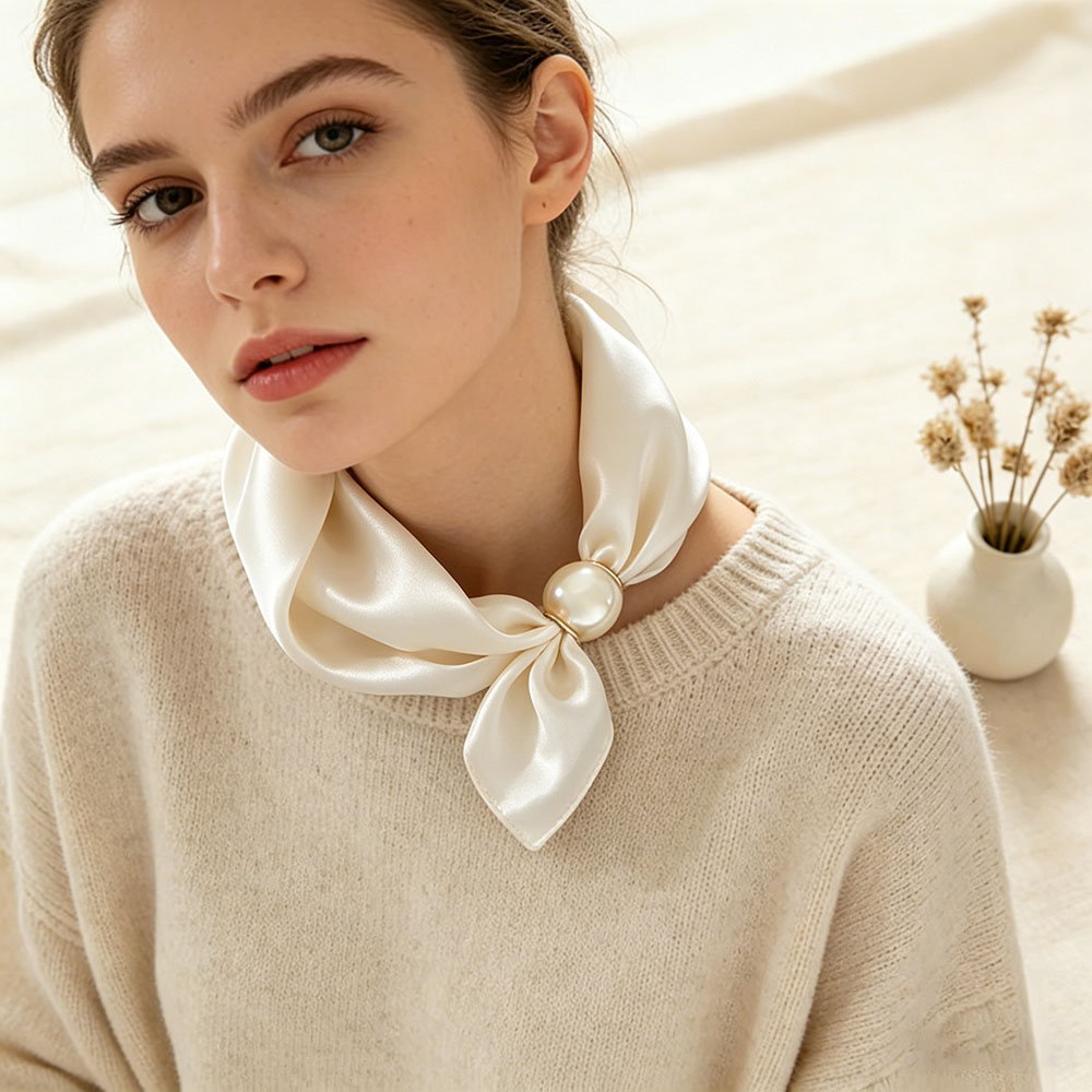 Silk Neck Scarf - ผ้าพันคอไหมพรมแบบแม่เหล็กประดับมุกเส้นเล็ก ผ้าพันคอคล้องคอ ผ้าคาดผม ริบบิ้น ผ้าพันคอแฟชั่น แบรนด์หรูสำหรับผู้หญิง