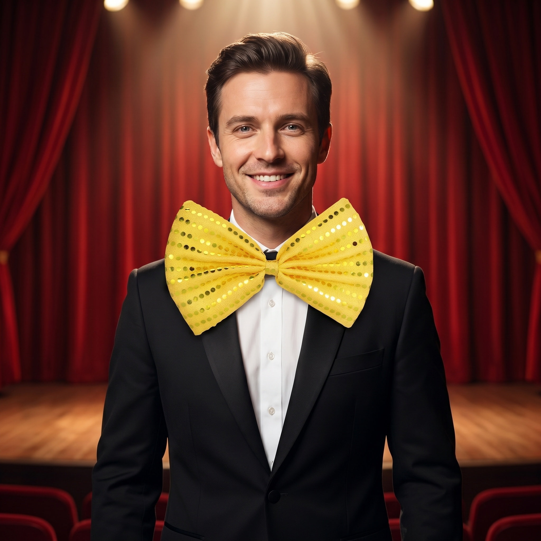 Bow Tie Pre Tied - โบว์ไทประดับเลื่อมสีทองแวววาวขนาดใหญ่ 2 ชิ้น สำหรับผู้ชาย ผูกสำเร็จรูป เหมาะสำหรับงานปาร์ตี้แฟนซี