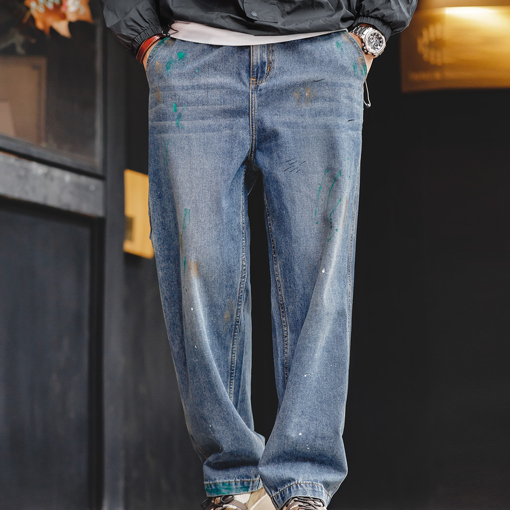 Levis Jeans 501 - Maden Light Blue Splash-Ink Graffitiกางเกงยีนส์สําหรับชาย 9.2OZ